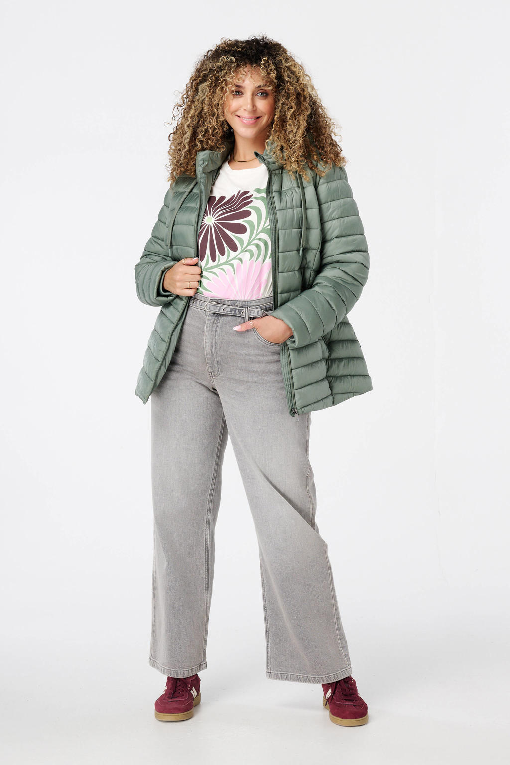 Grijsgroene dames MS Mode gewatteerde jas groen van polyester met effen en lange mouwen