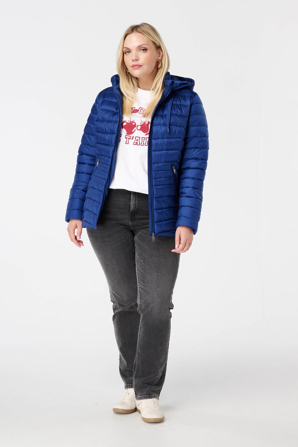 Blauwe dames MS Mode gewatteerde jas van polyester met effen en lange mouwen