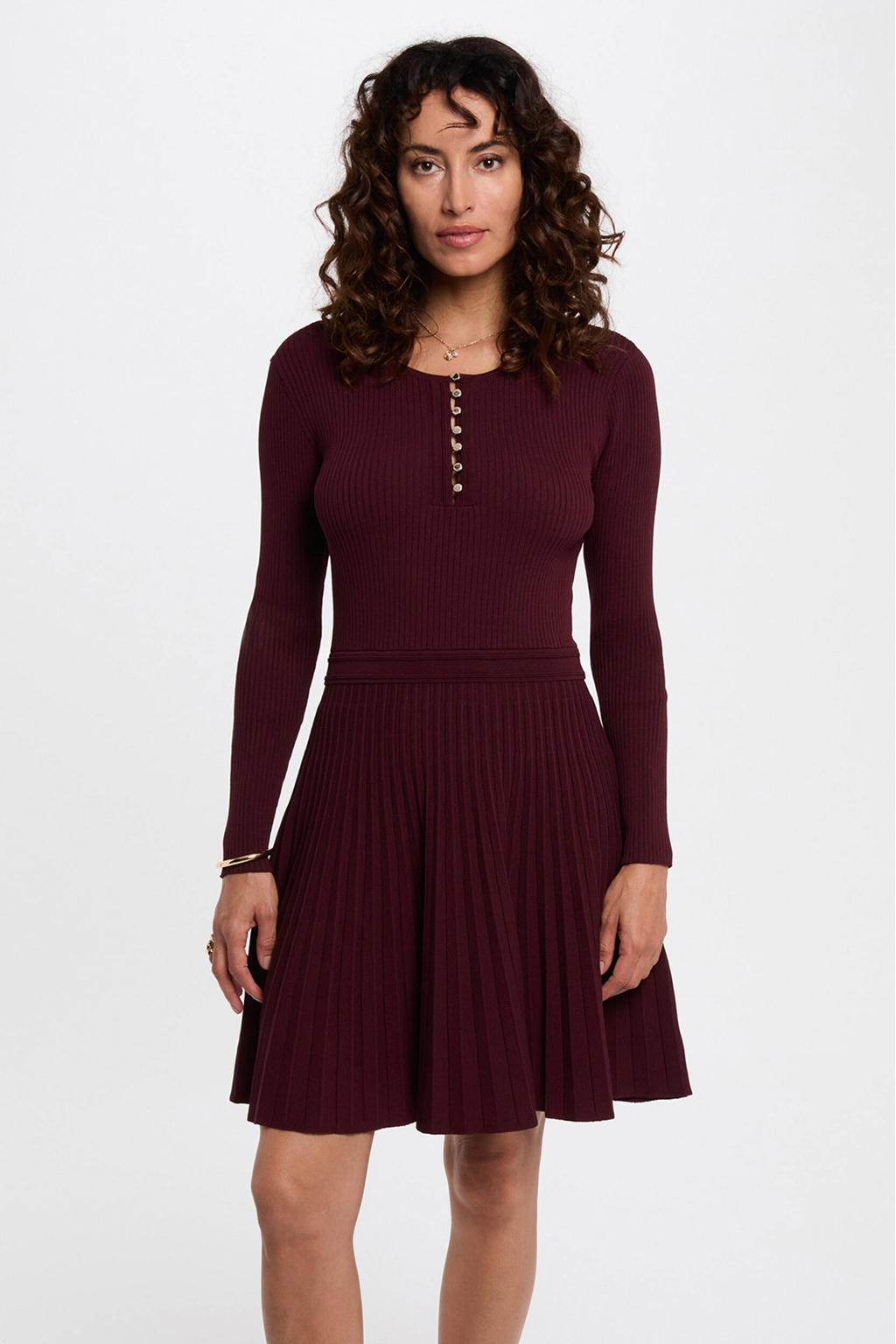 Donkerrode dames Morgan jurk van viscose met effen, lange mouwen, ronde hals, knoopsluiting en plooien