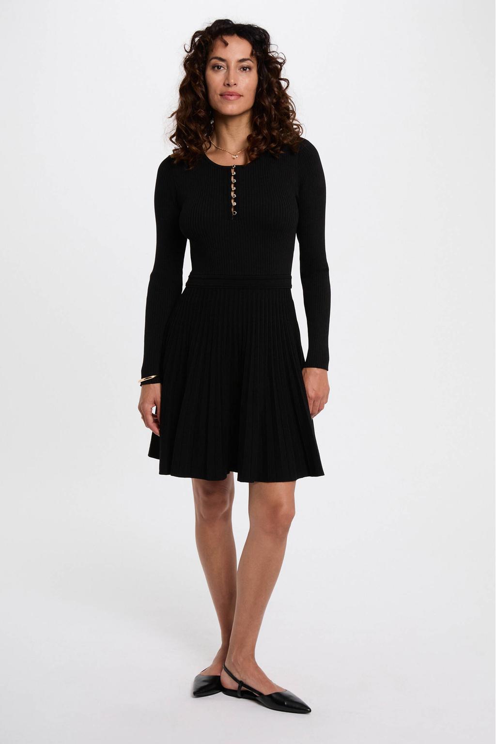 Zwarte dames Morgan jurk van viscose met effen, lange mouwen, ronde hals en knoopsluiting