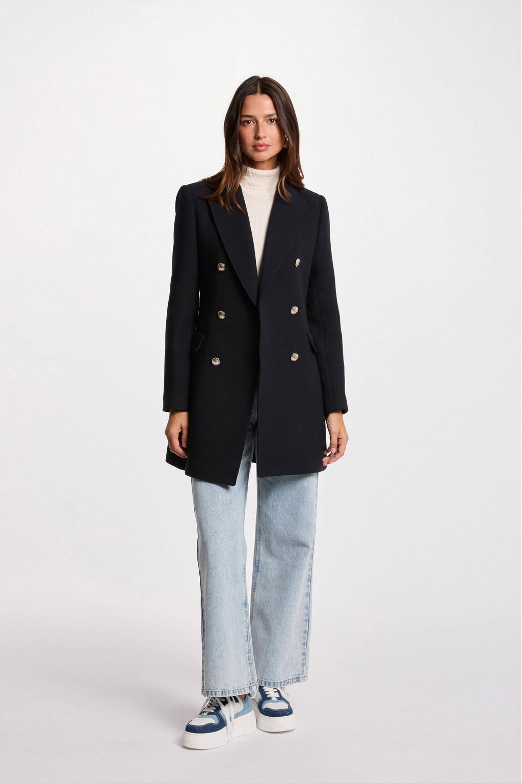 Marineblauw dames Morgan manteljas blauw van wol met effen, lange mouwen, reverskraag en double breasted sluiting