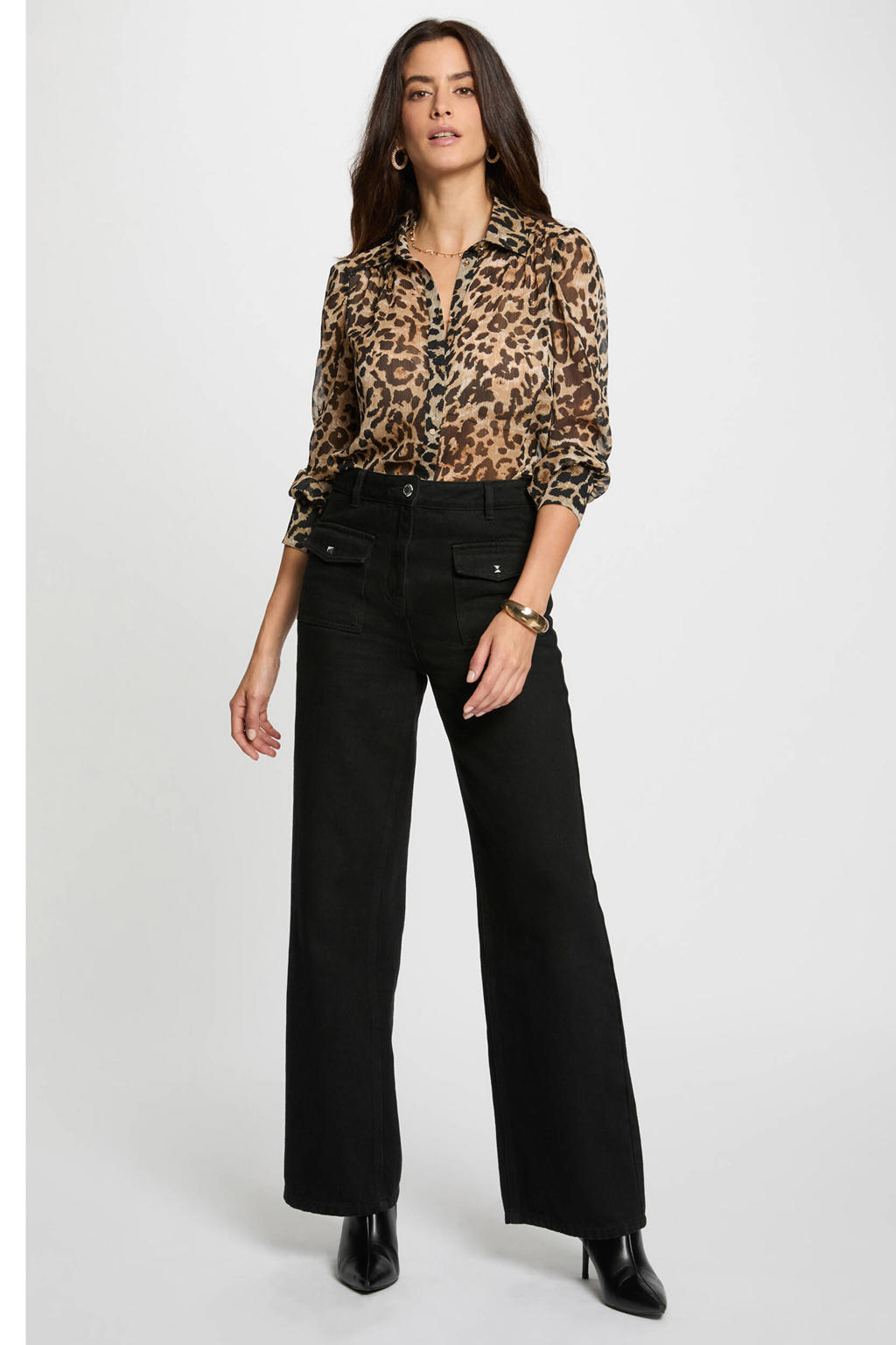 Beige en zwarte dames Morgan blouse van polyester met dierenprint, lange mouwen, klassieke kraag en knoopsluiting