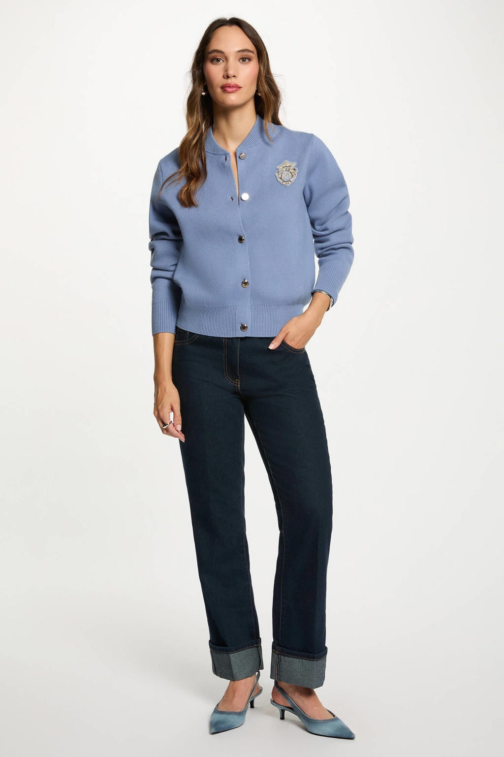 Dark blue denim dames Morgan straight leg jeans dark blue van denim met rits- en knoopsluiting en effen
