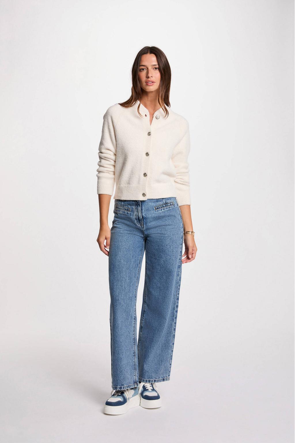 Ecru dames Morgan gebreid vest met effen, lange mouwen, ronde hals, knoopsluiting en teddy detail