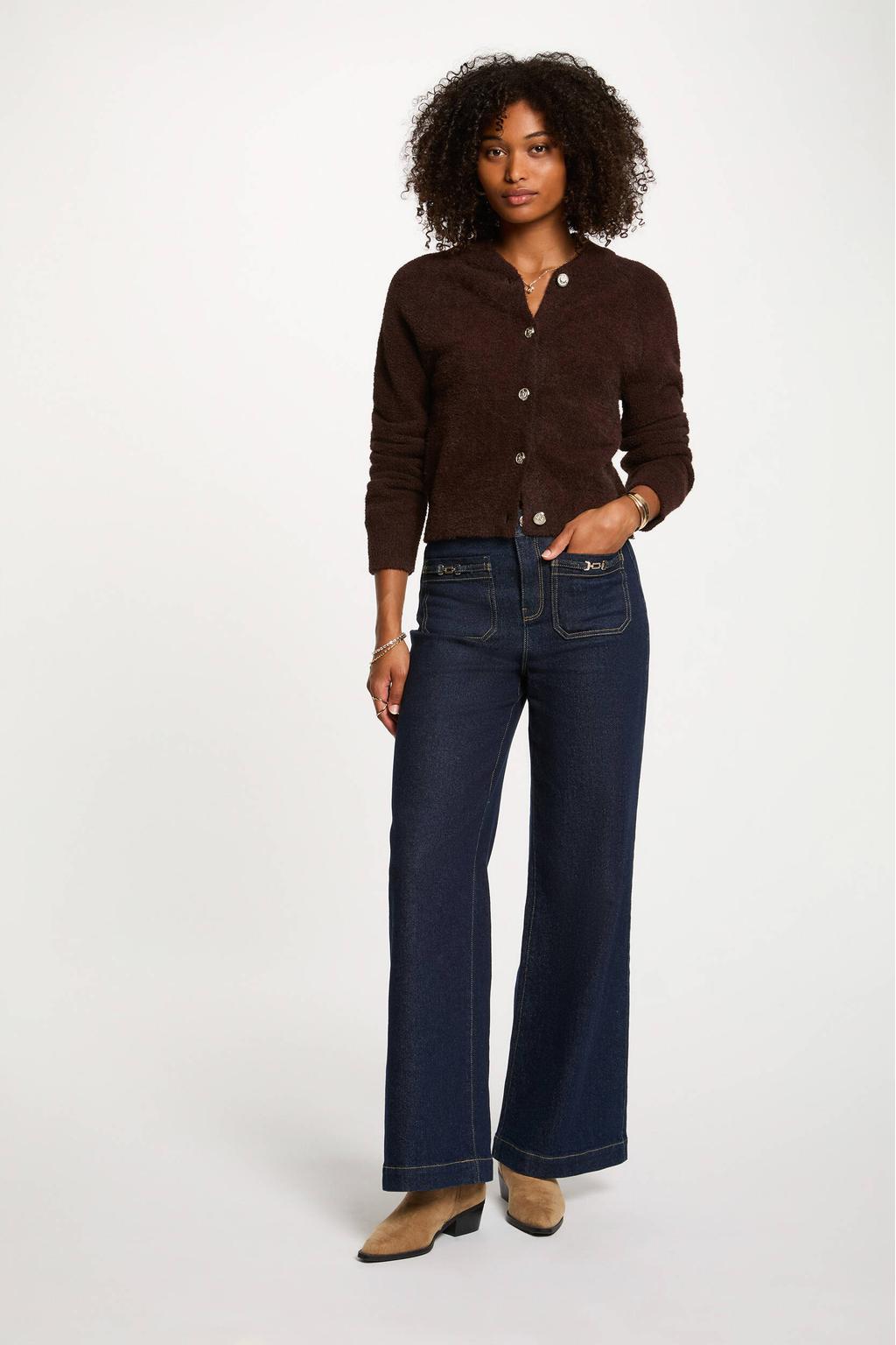 Donkerblauwe dames Morgan gebreid vest met effen, lange mouwen, ronde hals, knoopsluiting en teddy detail