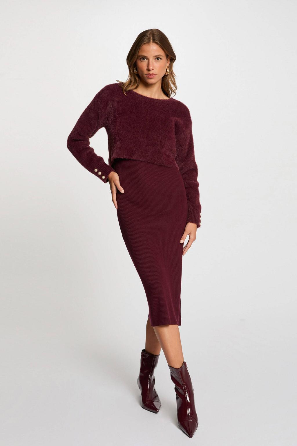 Donkerrode dames Morgan midi jurk met effen, lange mouwen, ronde hals en split
