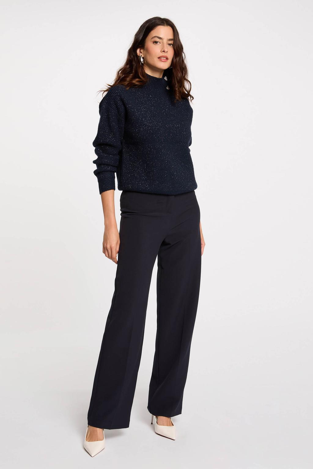 Marineblauw dames Morgan trui rib gebreid blauw van polyester met effen, lange mouwen, opstaande kraag en lurex
