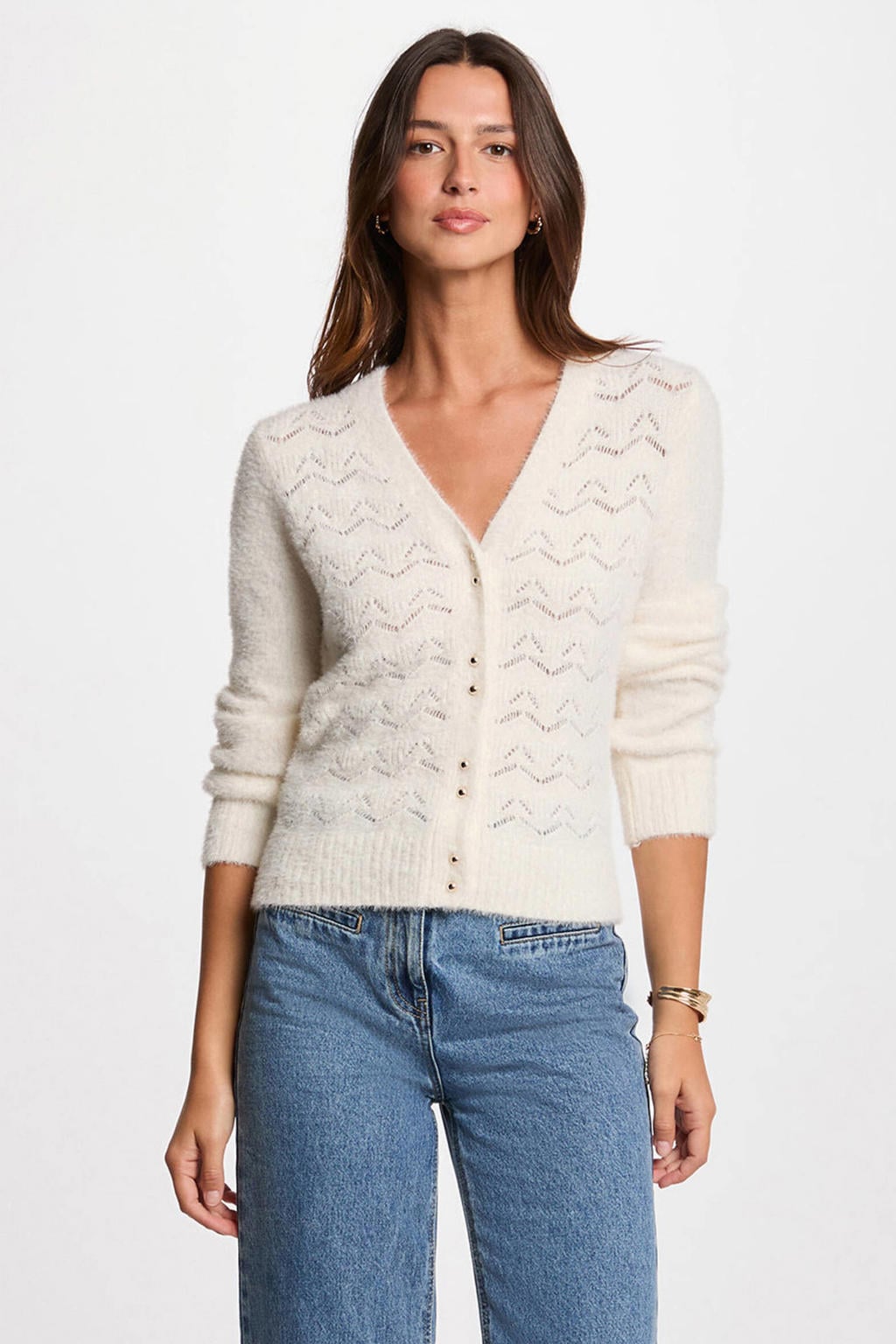 Ecru dames Morgan gebreid vest ajour van polyamide met effen, korte mouwen, V-hals en knoopsluiting