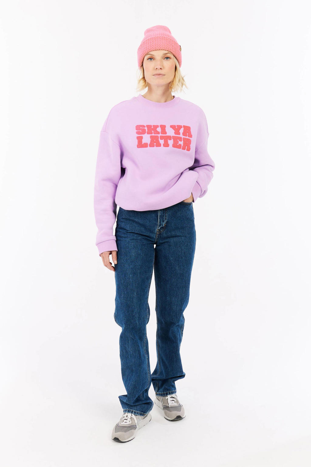 Lila en roze dames Protest sweater PRTStill van katoen met printopdruk, lange mouwen en ronde hals