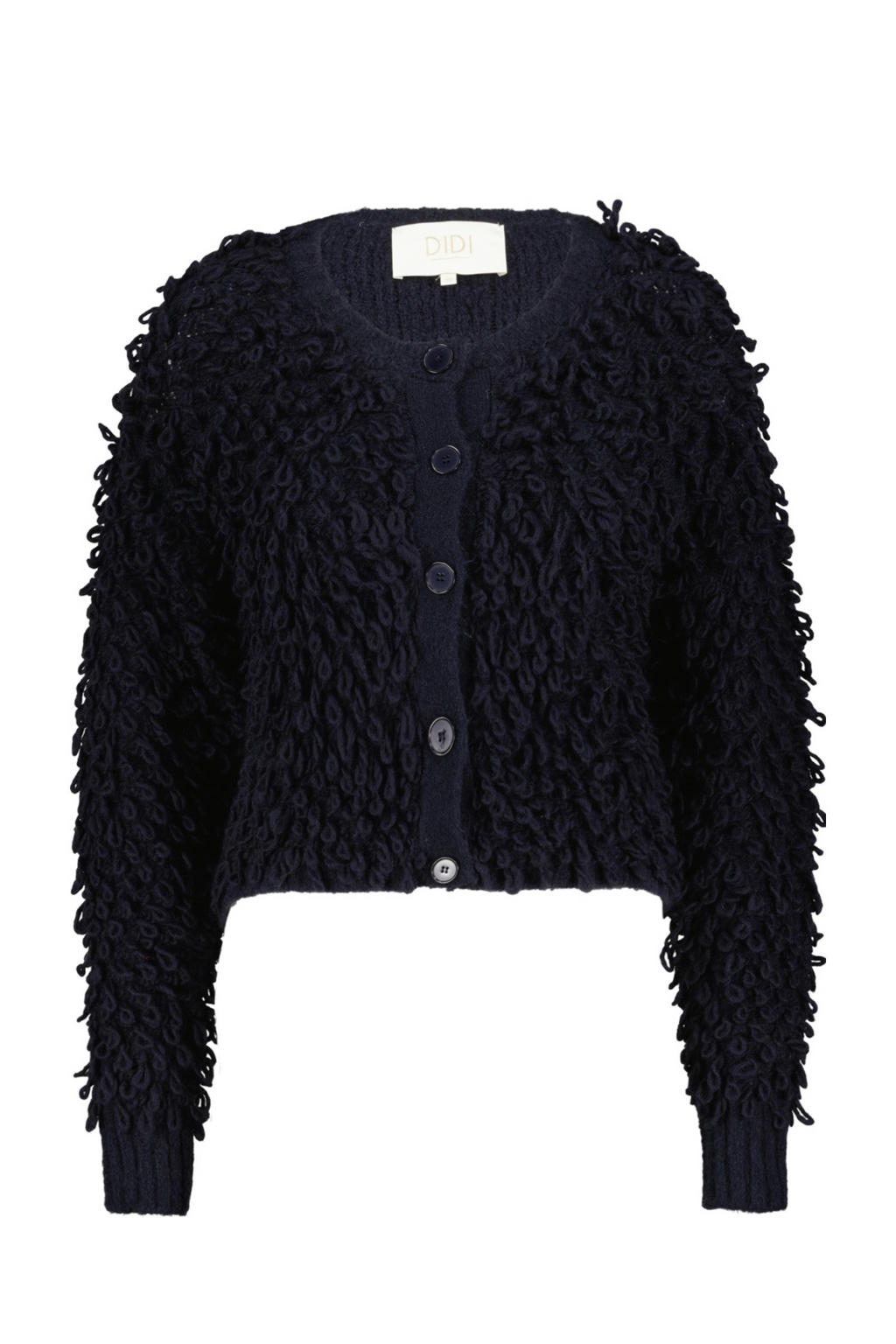 Donkerblauwe dames Didi gebreid vest van harig materiaal met effen, lange mouwen, ronde hals en knoopsluiting