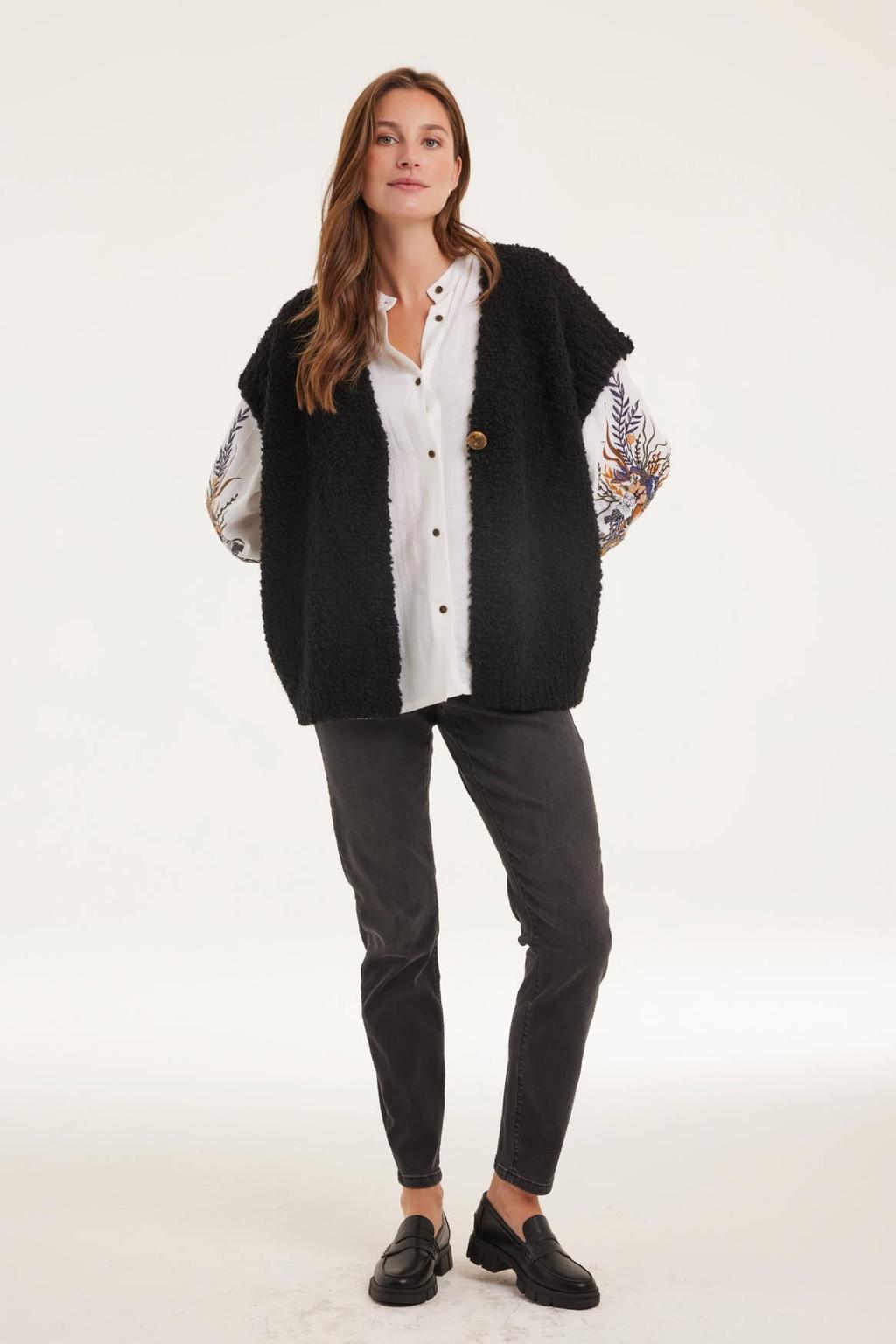 Zwarte dames Didi gebreid vest van acryl met effen, korte mouwen, V-hals en knoopsluiting