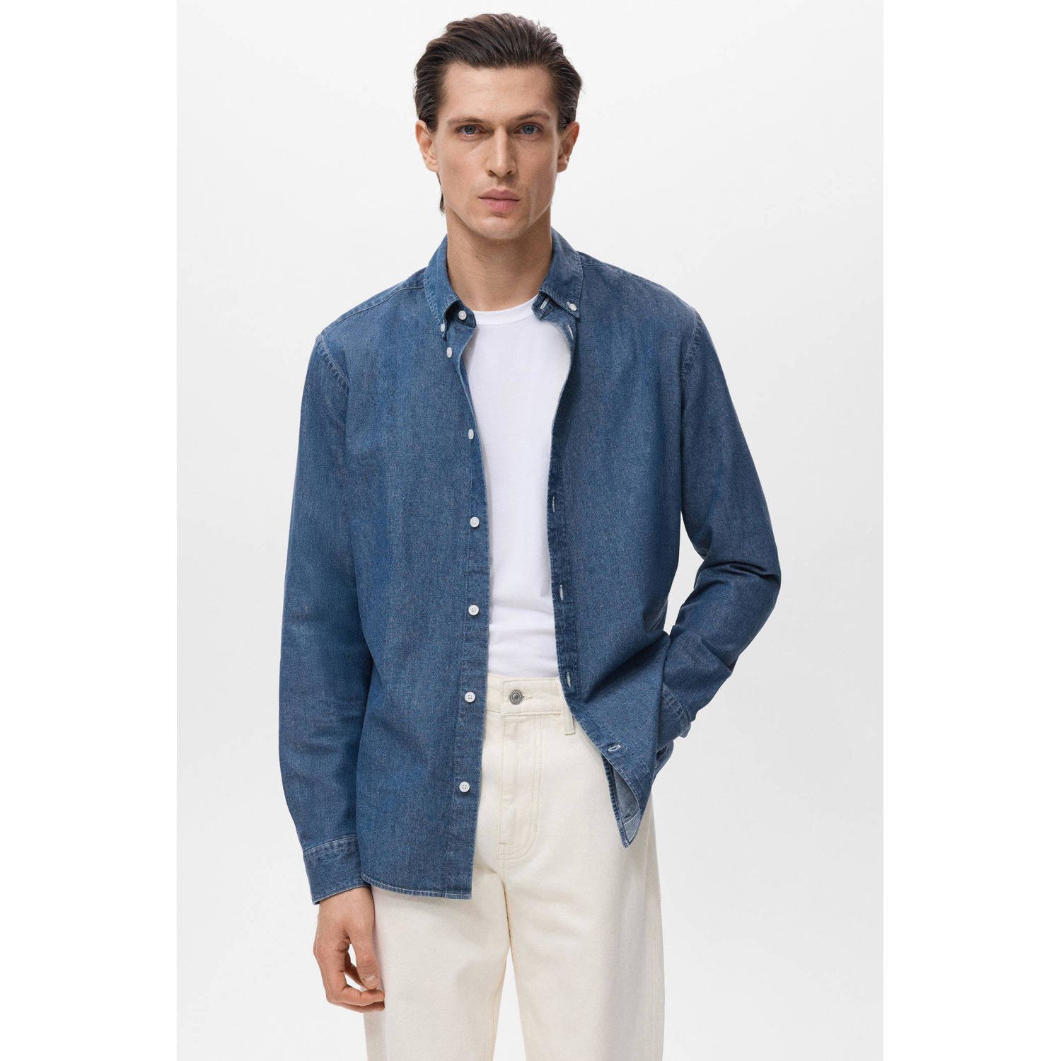 Mango Man linnen casual overhemd donkerblauw