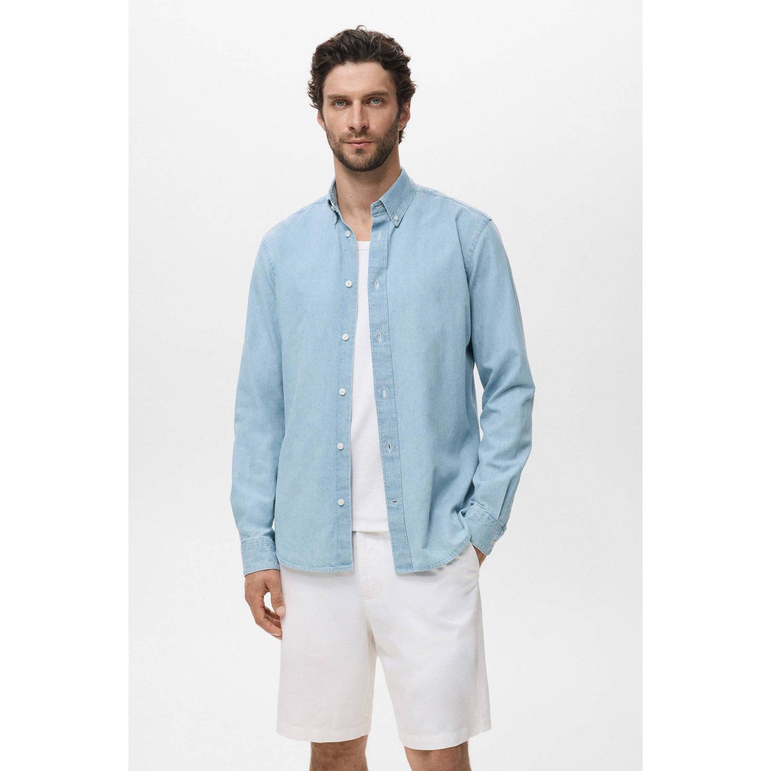 Mango Man linnen casual overhemd lichtblauw