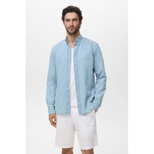 Mango Man linnen casual overhemd lichtblauw afbeelding