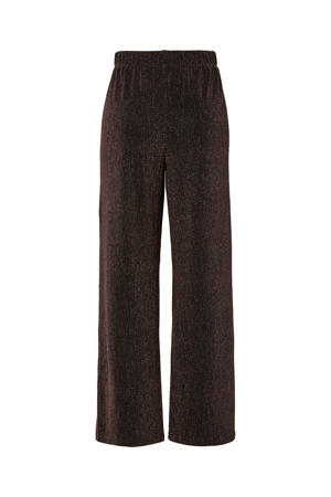 wide leg regular waist casual broek donkerbruin met glitter