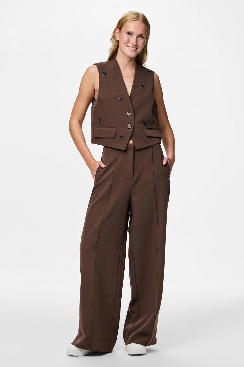 Donkerblauwe dames PIECES gilet van polyester met effen, reverskraag, knoopsluiting en borduursels