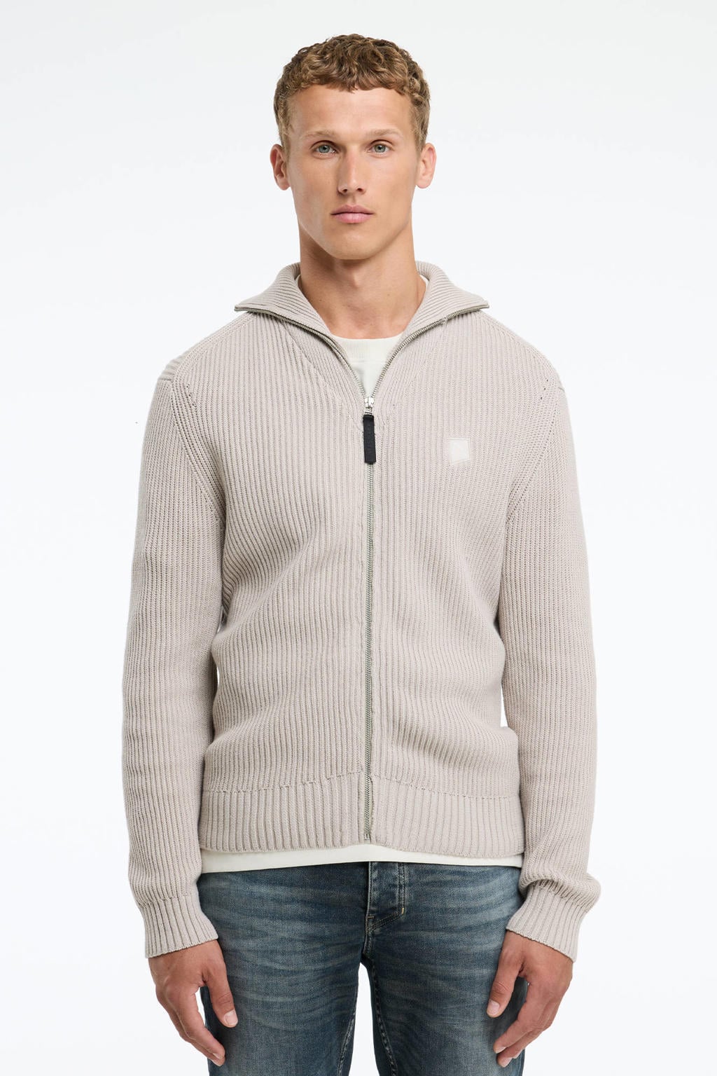 Beige heren CHASIN' vest rib gebreid van katoen met effen, lange mouwen en opstaande kraag