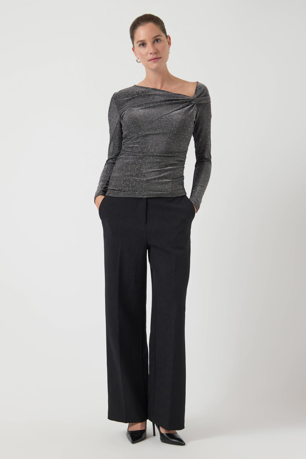 Zilverkleurige dames YAS one shoulder top van polyester met effen, lange mouwen en glitters