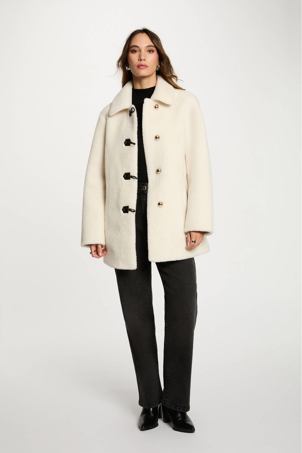 Ecru dames Morgan faux fur jas van imitatiebont met effen, lange mouwen, button down sluiting en knoopsluiting