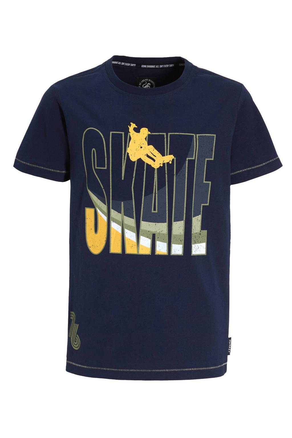 Donkerblauwe jongens Me & My Monkey T-shirt van katoen met printopdruk, korte mouwen en ronde hals