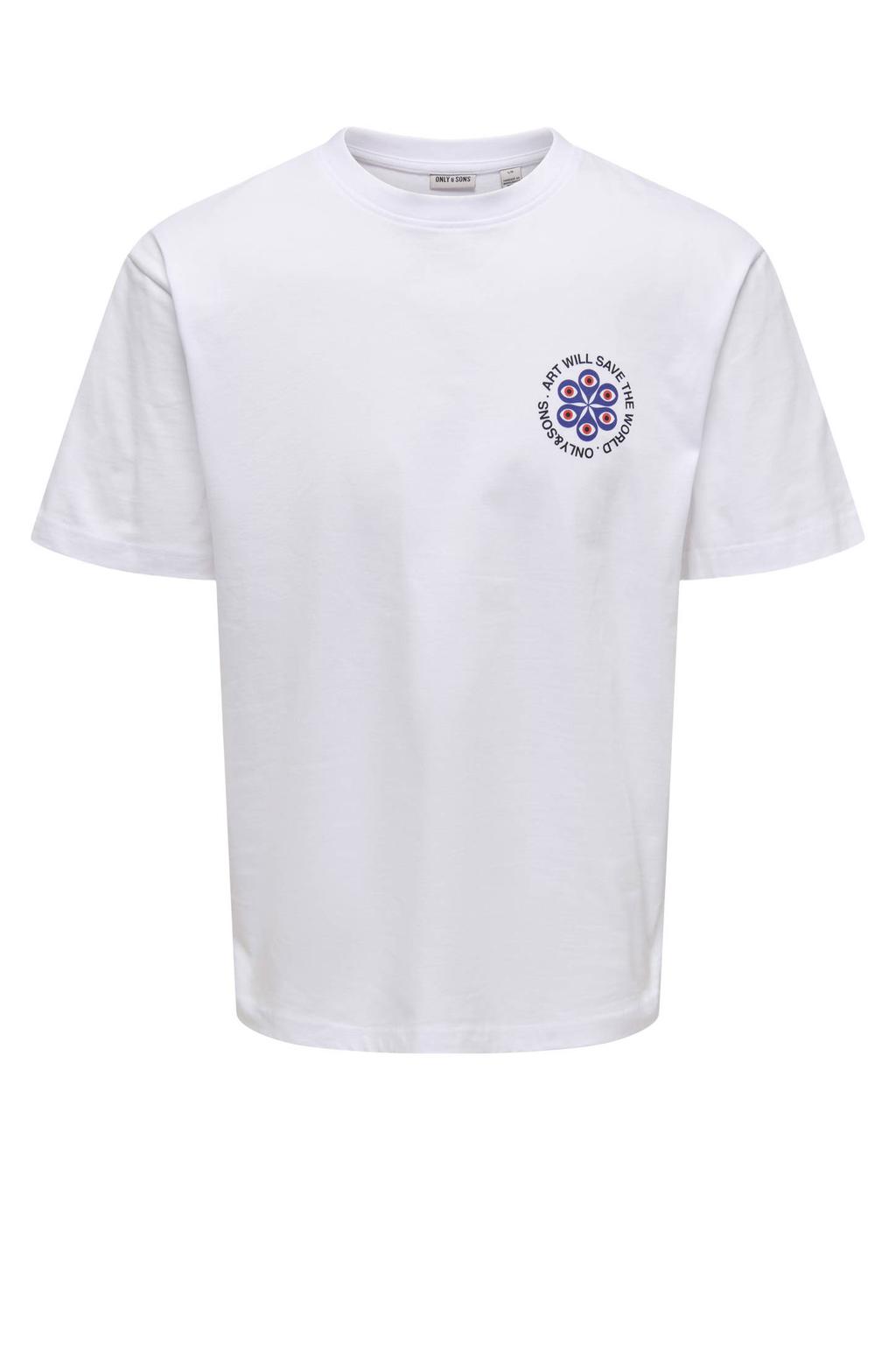 Witte heren ONLY & SONS relaxed T-shirt van katoen met backprint, korte mouwen en ronde hals
