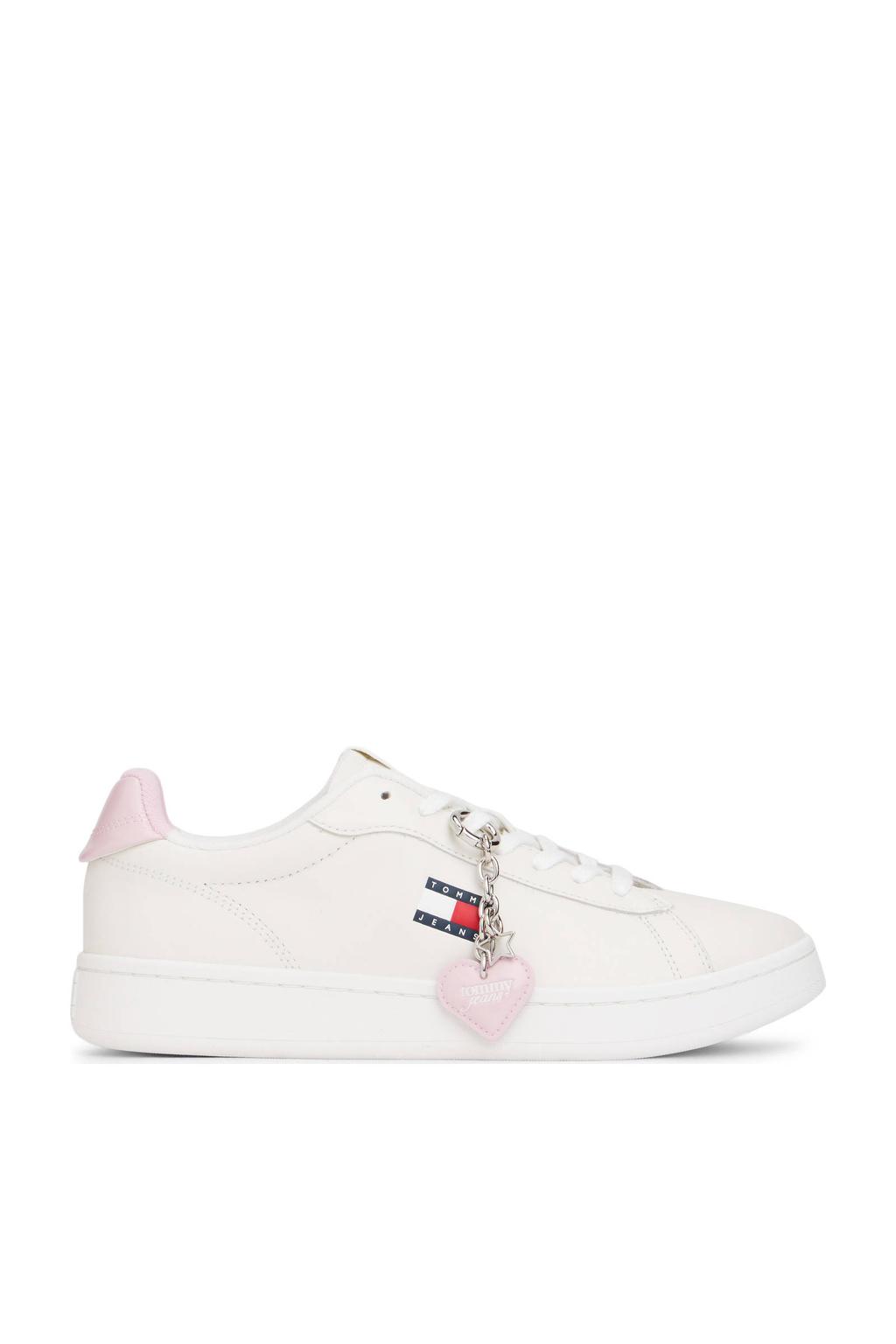 Ecru en lichtroze dames Tommy Jeans leren sneakers met veters