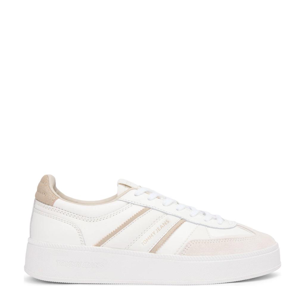 Ecru en beige dames Tommy Jeans leren sneakers met veters