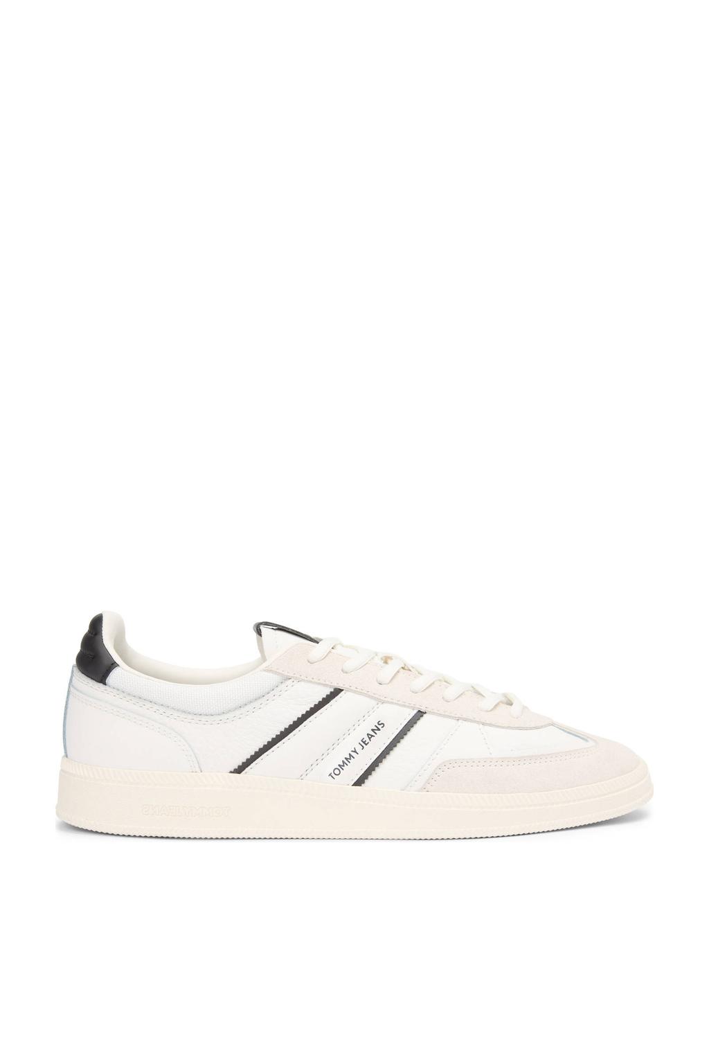Ecru en zwarte heren Tommy Jeans leren sneakers met veters