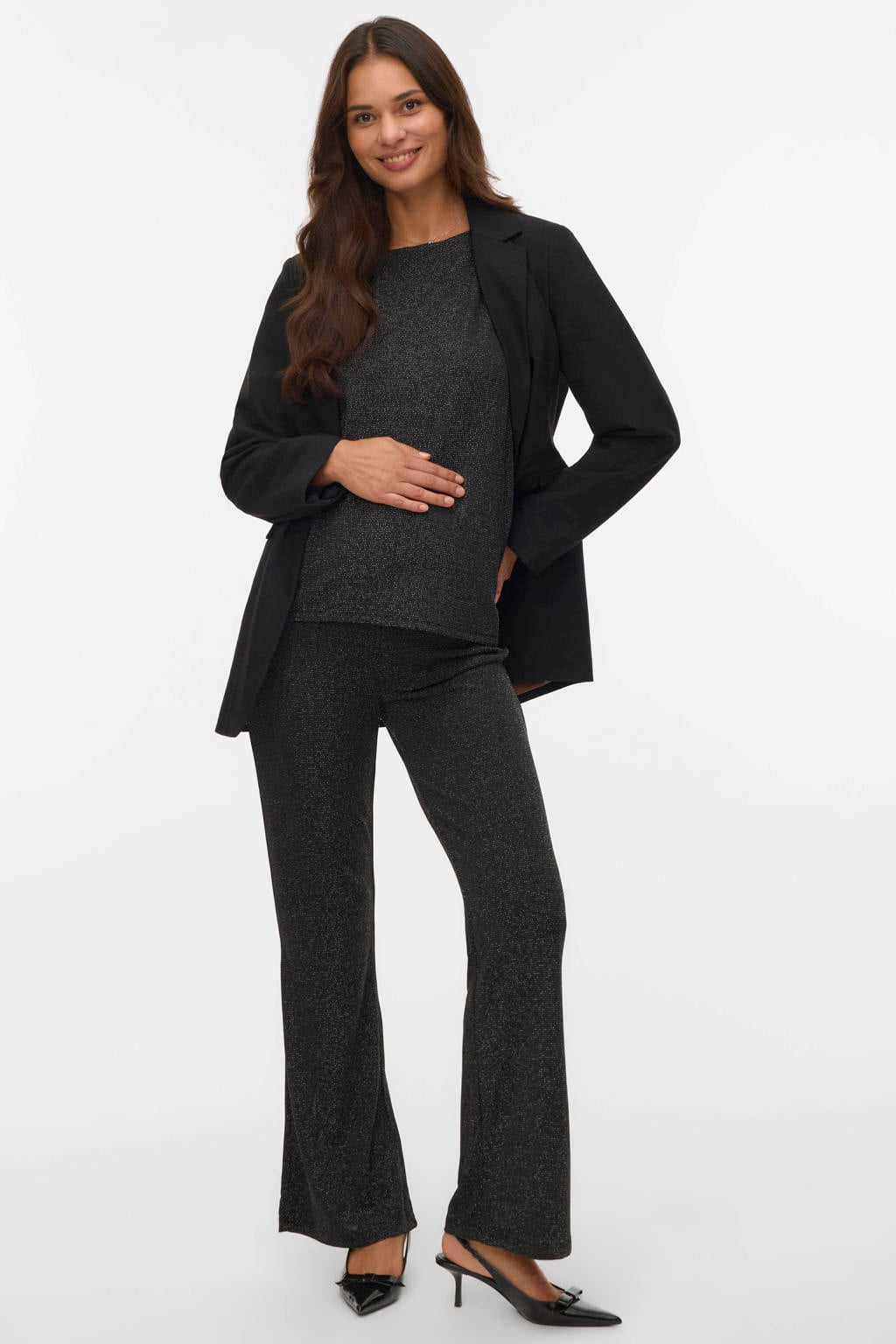 Zwart en zilverkleurige dames VERO MODA MATERNITY regular zwangerschaps casual broek van polyester met elastische tailleband en effen