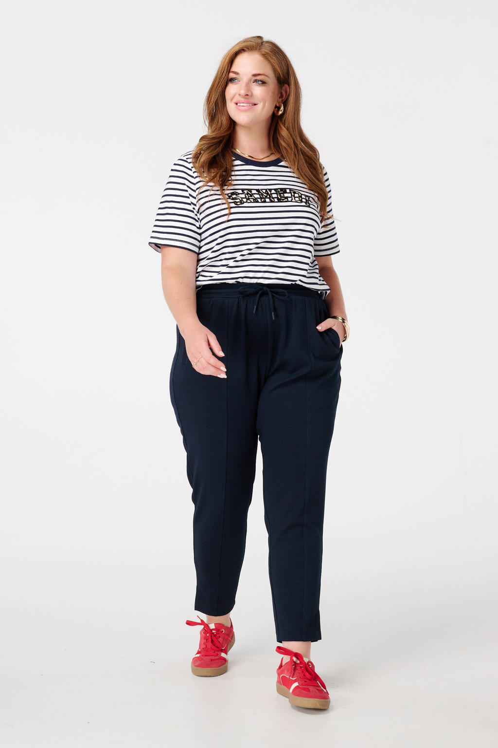 Blauw en witte dames MS Mode T-shirt van katoen met strepenprint, korte mouwen en klassieke kraag
