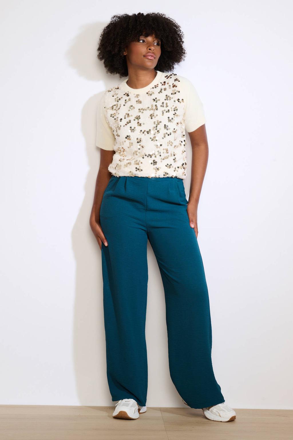 Petrolkleurige dames LOLALIZA wide leg regular waist pantalon met rits- en knoopsluiting en effen