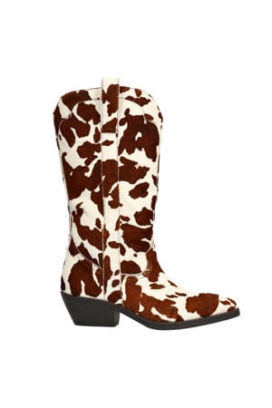 leren cowboylaarzen met koeienprint bruin/ecru