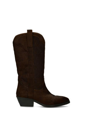 leren cowboylaarzen met ponyhair donkerbruin
