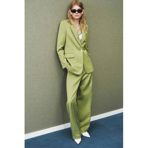 Mango straight regular waist broek met linnen groen afbeelding
