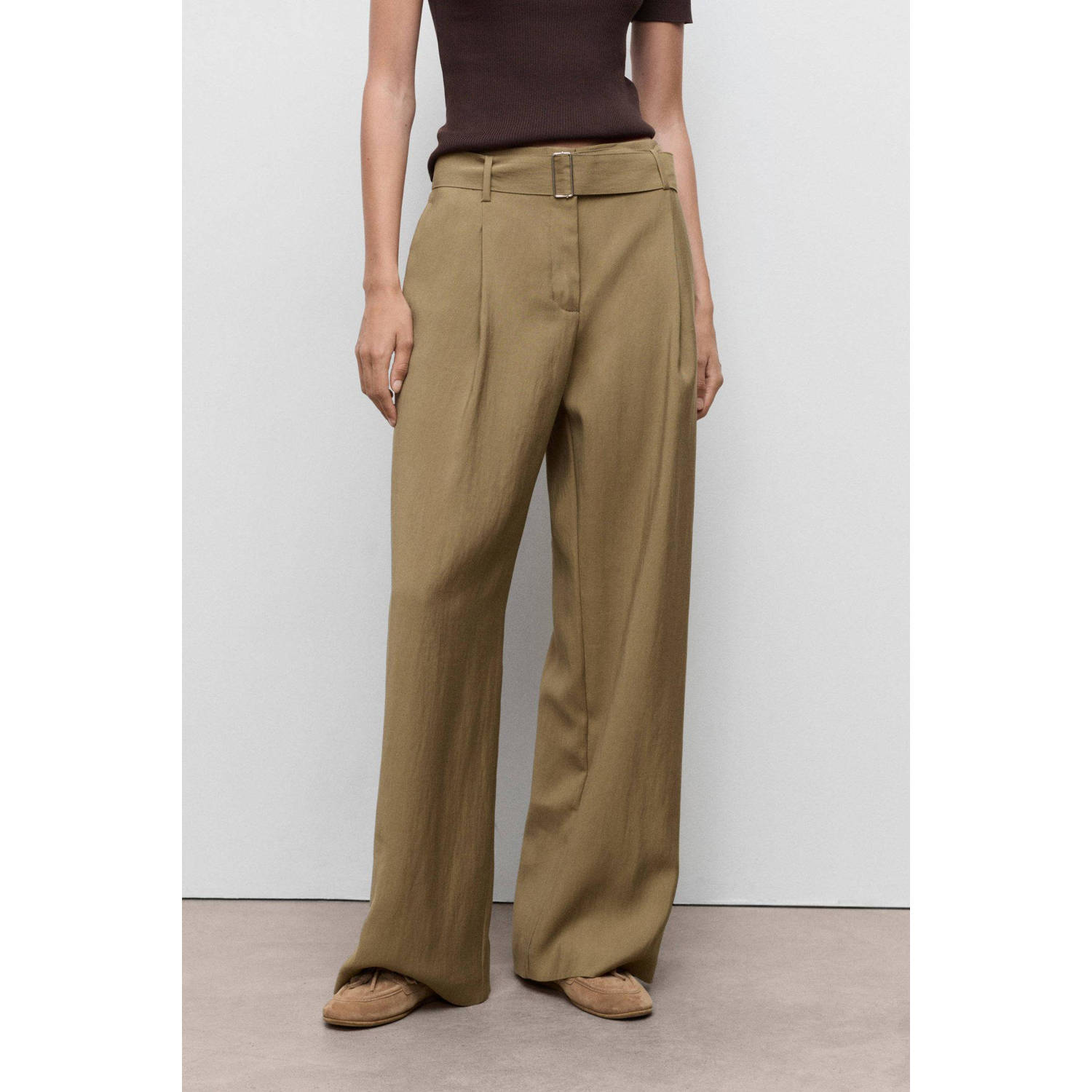 Mango wide leg high waist casual broek groen