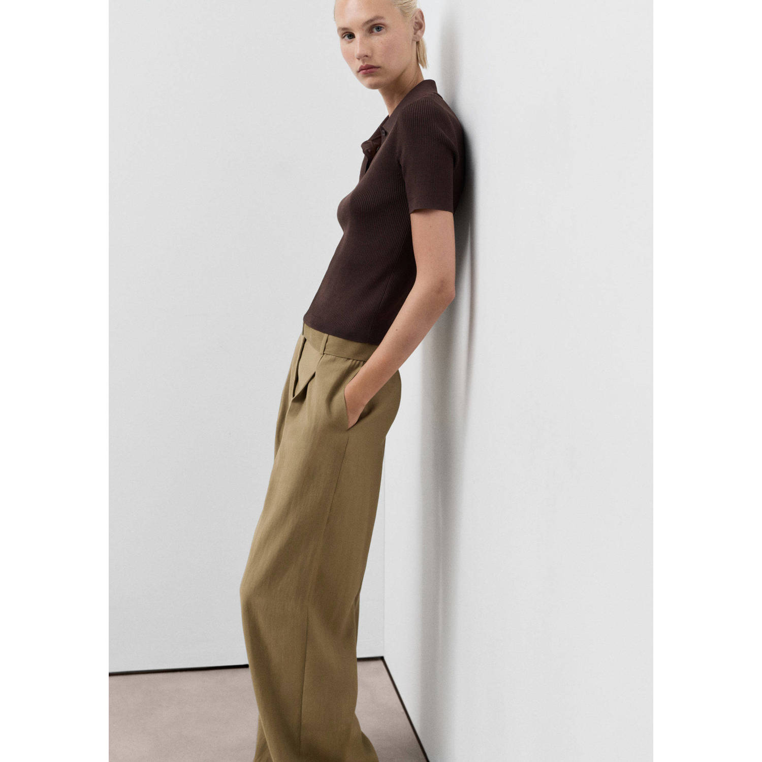 Mango wide leg high waist casual broek groen