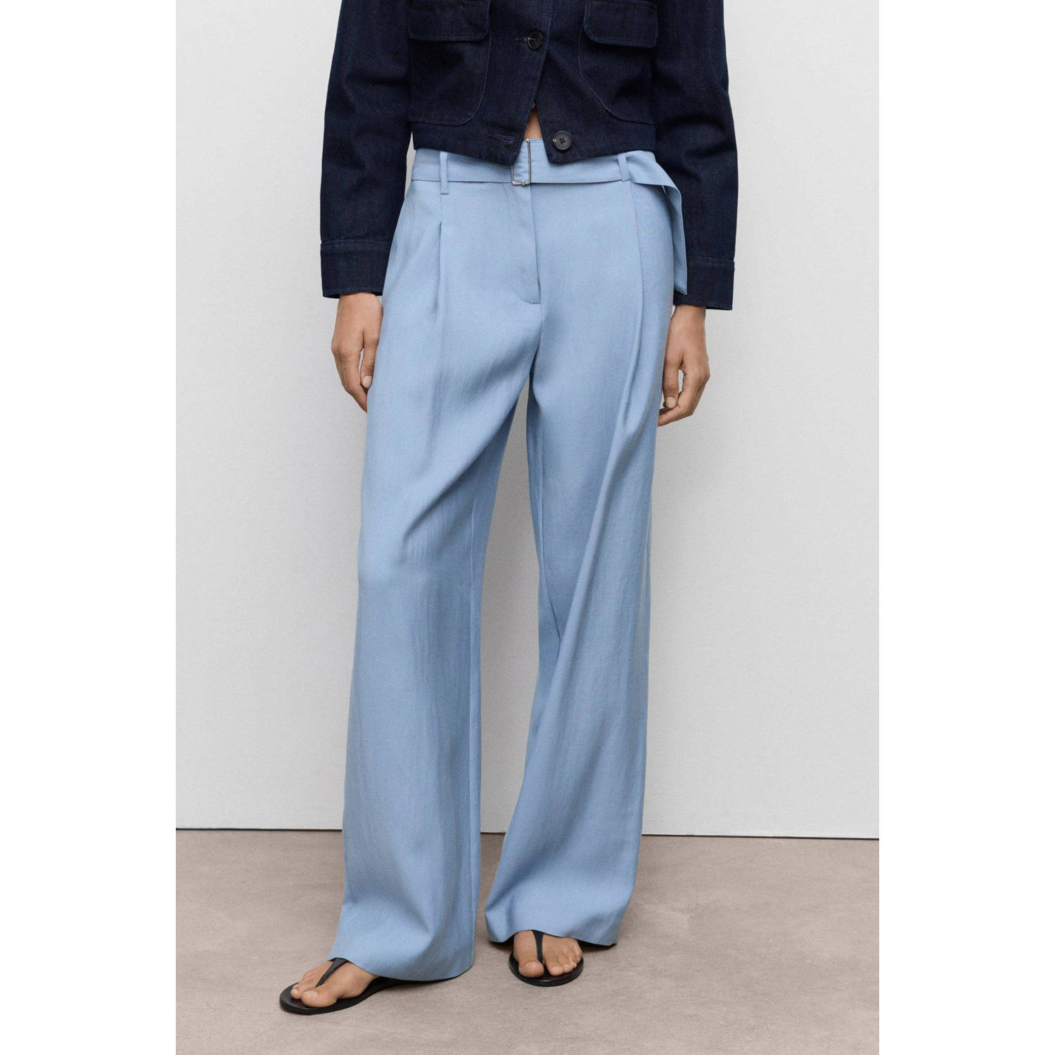 Mango wide leg high waist casual broek lichtblauw