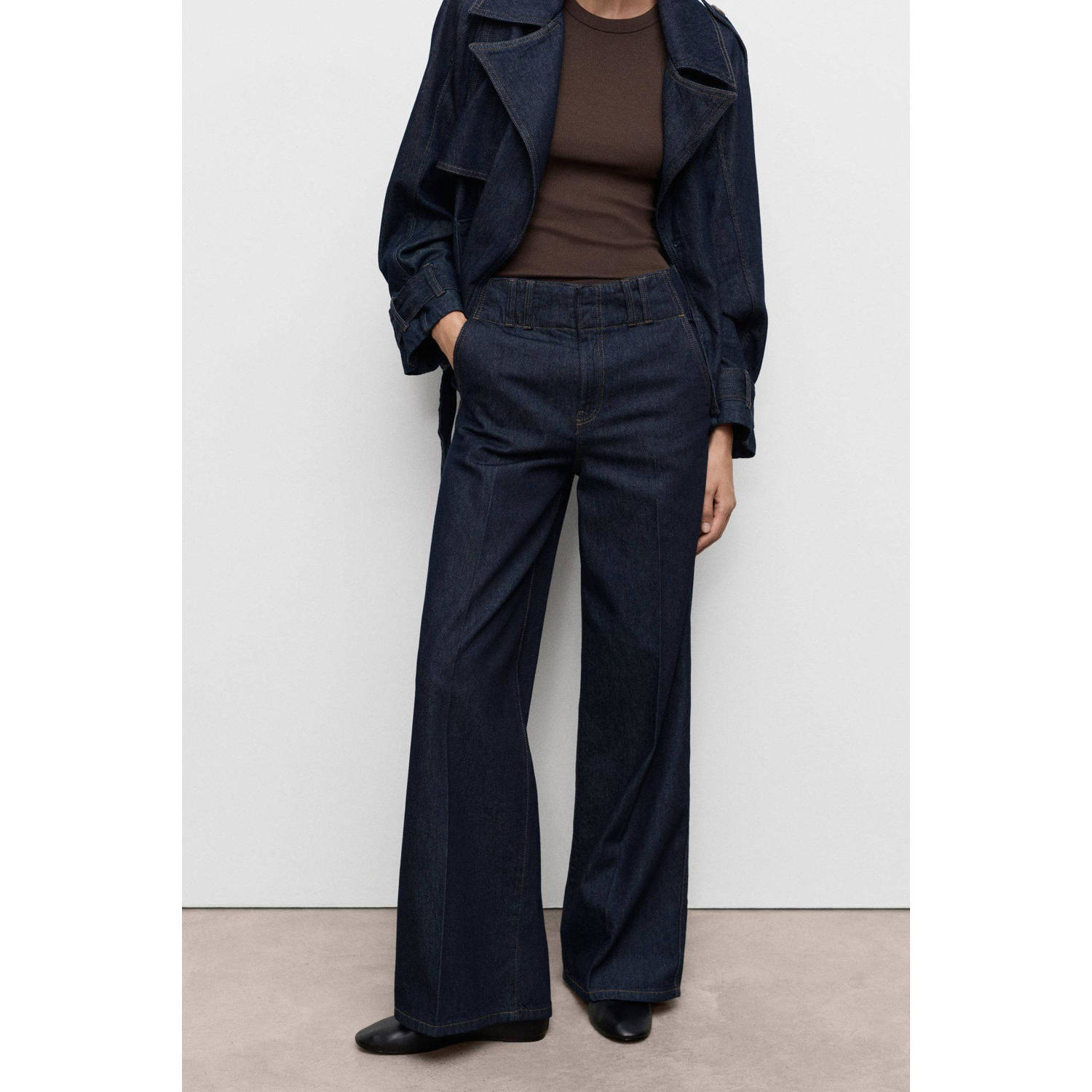 Mango denim wide leg high waist casual broek dark blue denim