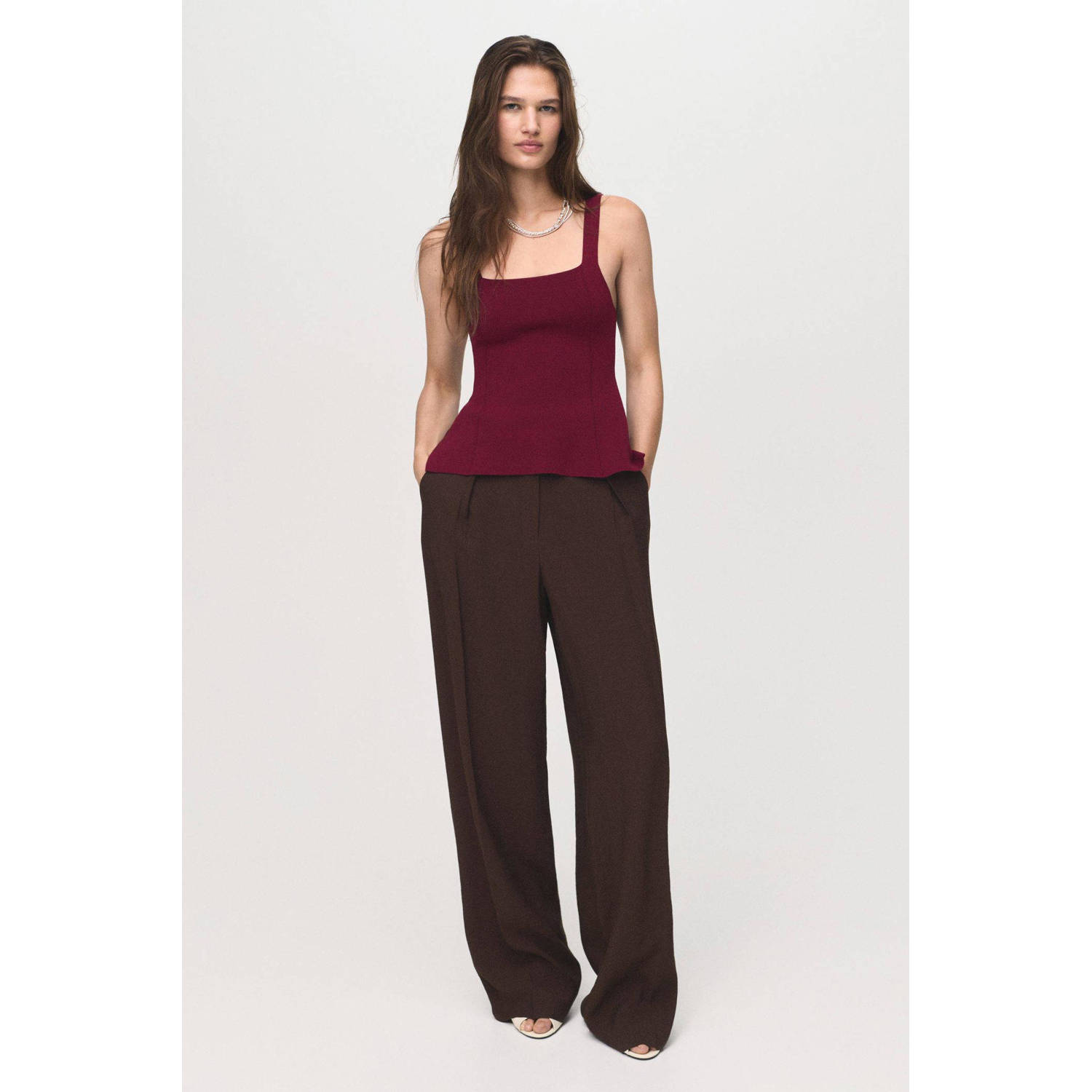 Mango peplum top donkerrood fijn gebreid