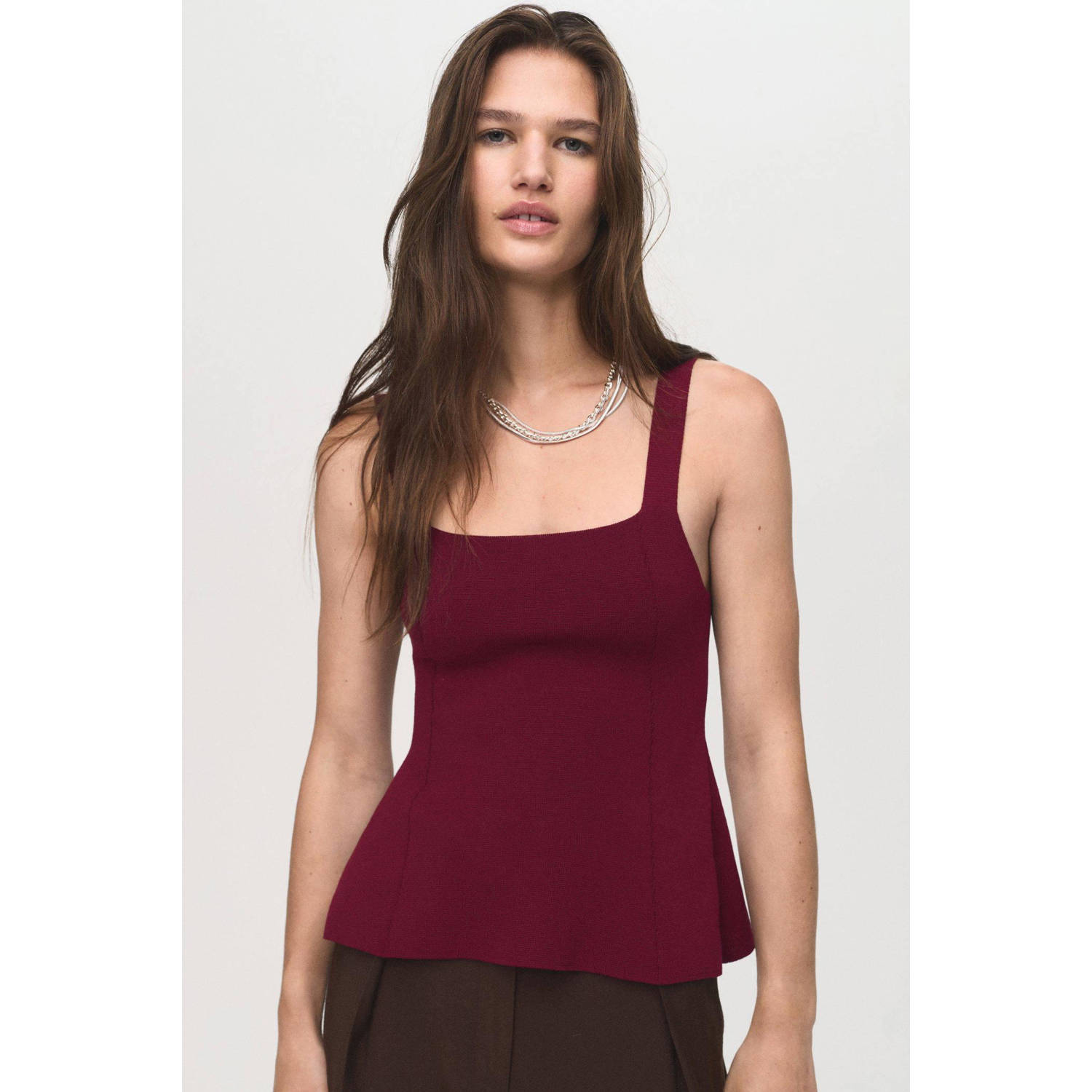 Mango peplum top donkerrood fijn gebreid