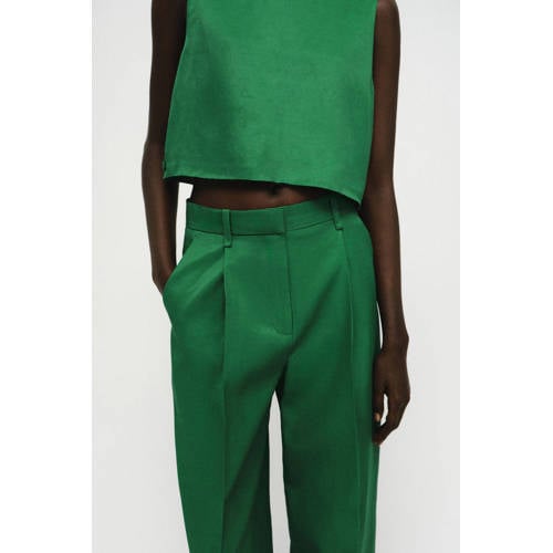 Mango straight regular waist broek met linnen groen afbeelding