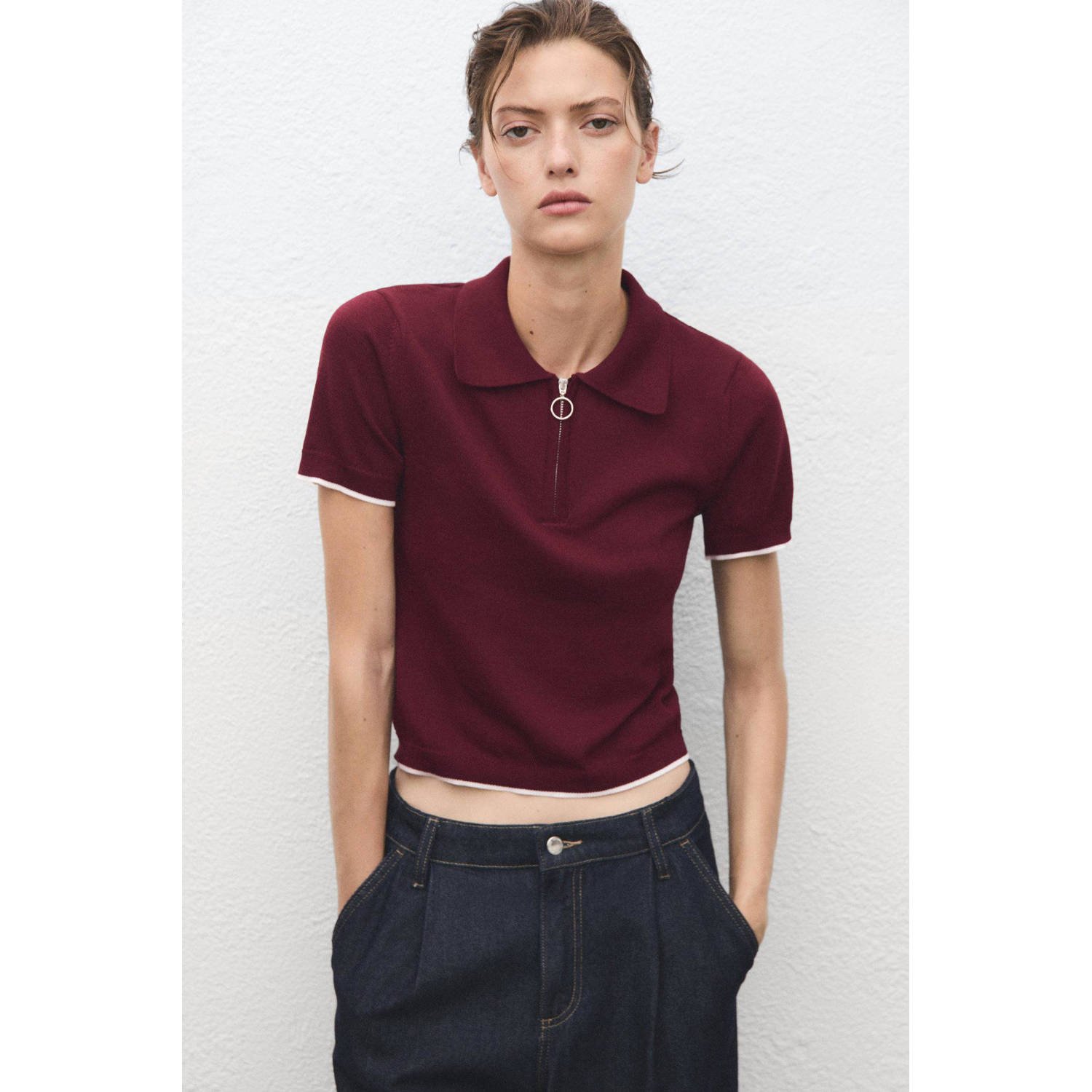 Mango polo donkerrood fijn gebreid