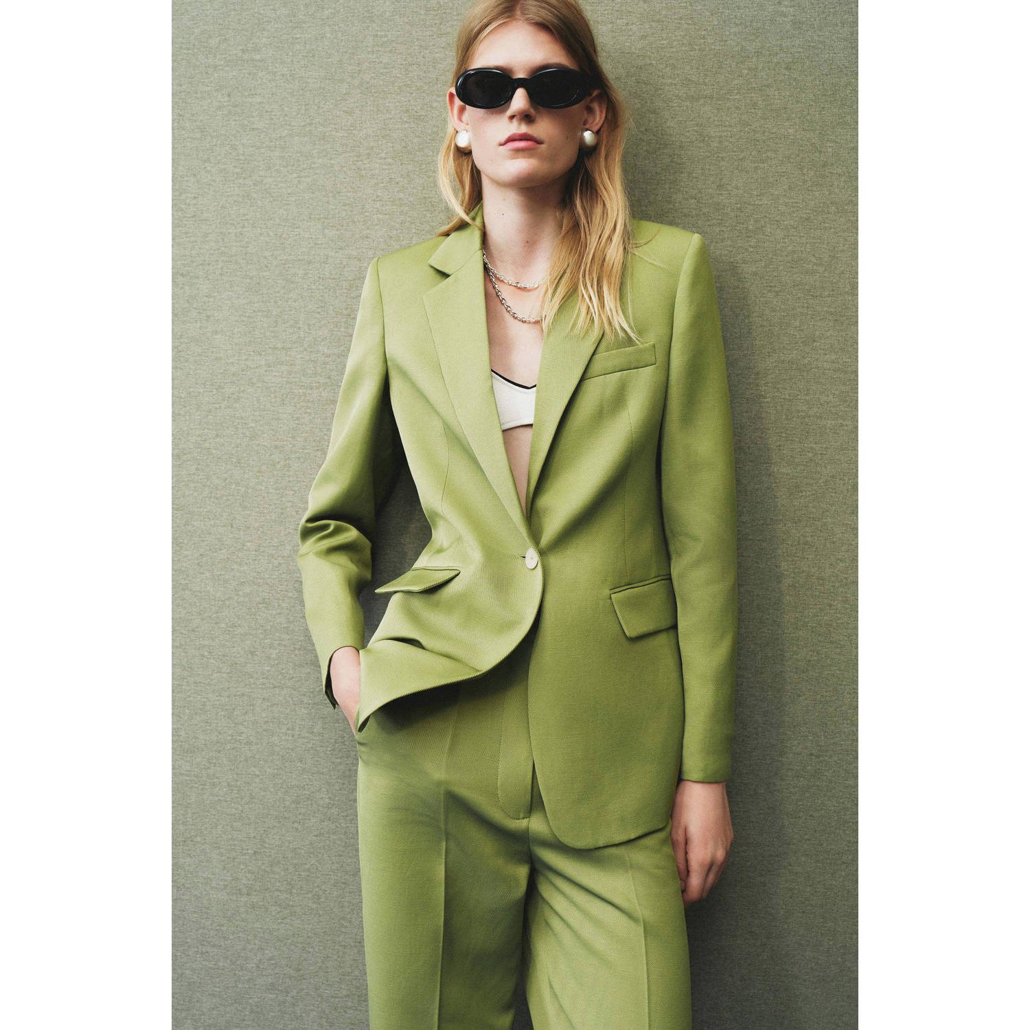 Mango getailleerde blazer met linnen groen