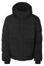 thumbnail: Zwarte heren SELECTED HOMME gewatteerde jas van polyamide met effen, lange mouwen, capuchon, rits- en drukknoopsluiting en doorgestikte details
