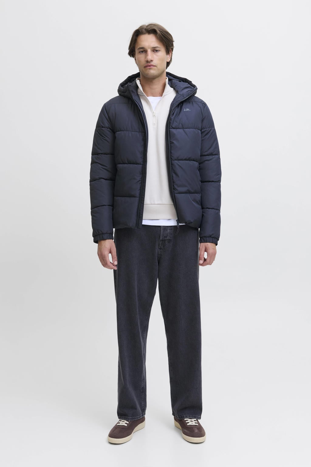 Donkerblauwe heren JJ REBEL gewatteerde jas van polyester met effen, lange mouwen, capuchon, ritssluiting en doorgestikte details