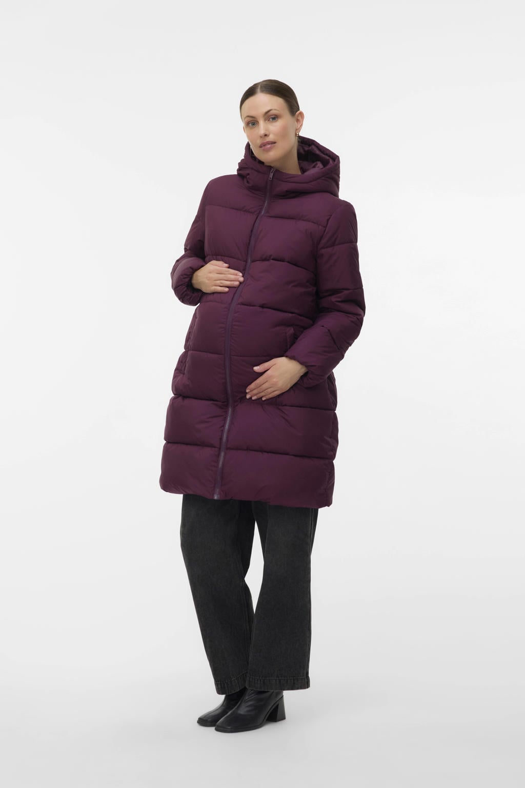Donkerrode dames MAMALICIOUS zwangerschaps winterjas van polyester met effen, lange mouwen, capuchon en ritssluiting