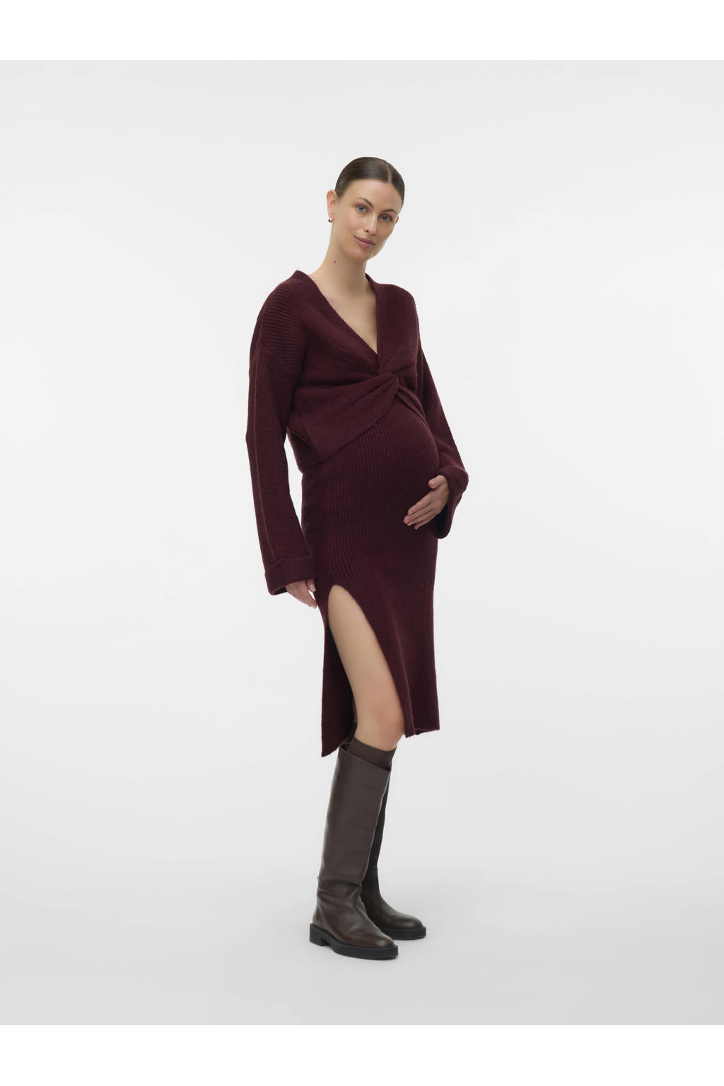 Donkerrode dames MAMALICIOUS zwangerschaps midi rok grof gebreid van acryl met regular waist, elastische tailleband en effen
