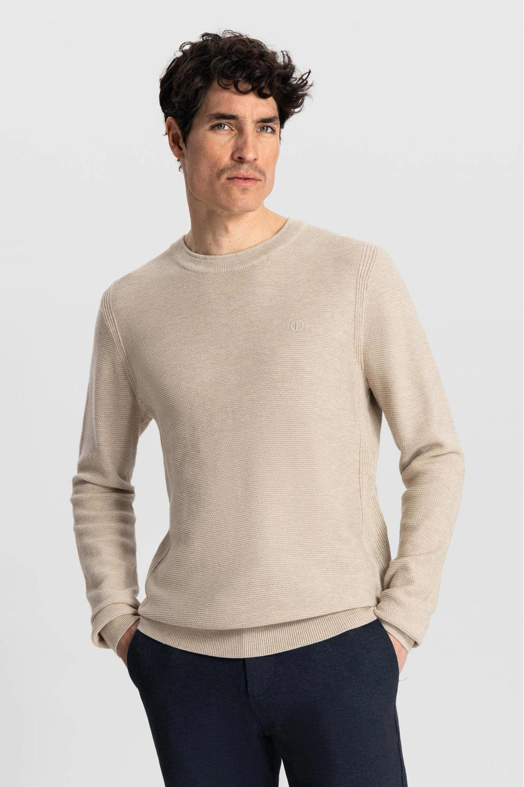 Beige heren Dstrezzed trui patroon met effen, lange mouwen en ronde hals