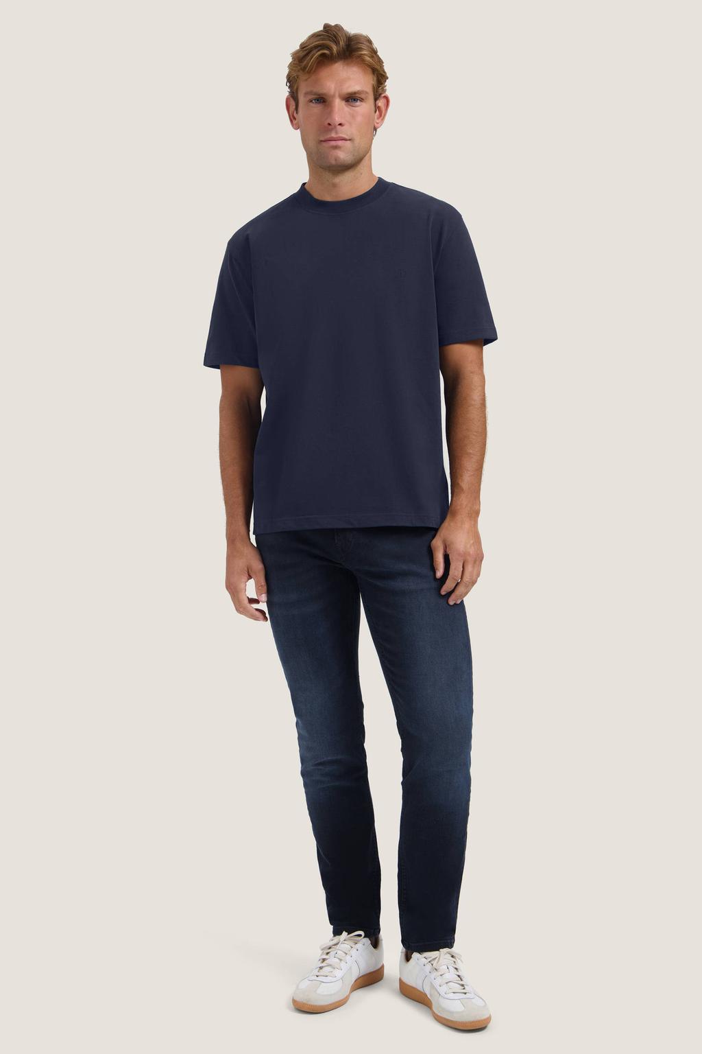 Donkerblauwe heren Dstrezzed loose T-shirt van katoen met effen, korte mouwen en ronde hals