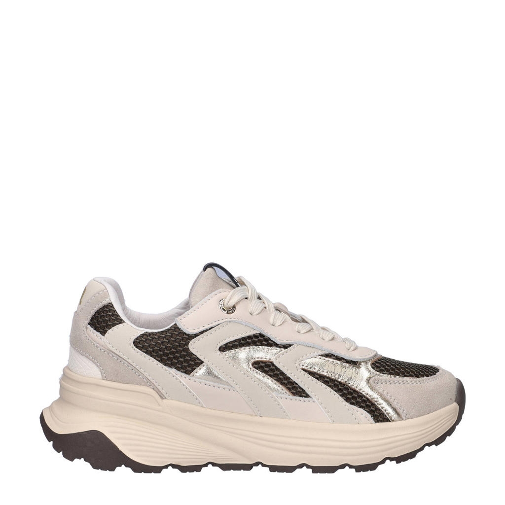 Ecru en zwarte dames Maruti Dora chunky sneakers van leer, imitatieleer en nylon met veters